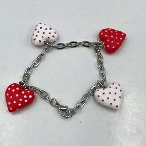 Vintage Red White Polka Dot Heart Charm Bracelet Silver Tone Lobster Clasp 7"